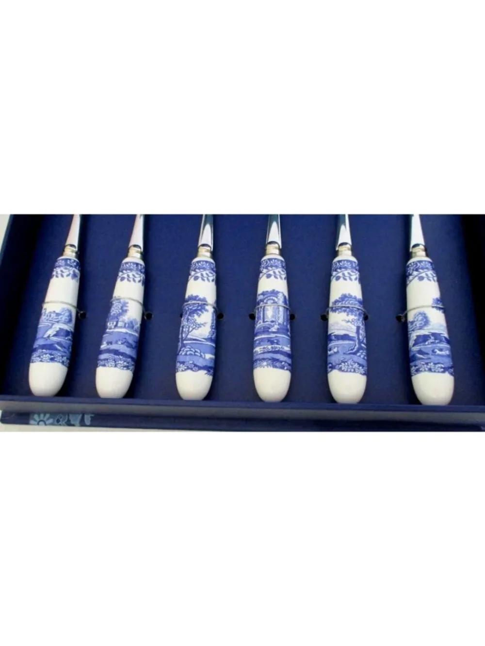 Spode Blue Italian Pastry Pastry Forks Set Of 6 With Decorative Porcelain Handle